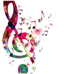 Foto op Plexiglas Kleurrijke muzieknota& 39 s met vlinders geïsoleerde vectorillustratie. Muziekachtergrond voor poster, brochure, banner, flyer, concert, muziekfestival © abstract