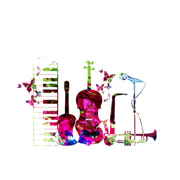 Colorful music instruments isolated vector illustration. Piano keyboard, guitar, trumpet, microphone, saxophone and violoncello. Music background. Music instruments isolated