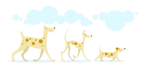Obraz premium Running dogs; Three smiling cheerful dogs golden color in red spots running under the blue clouds. On a white background