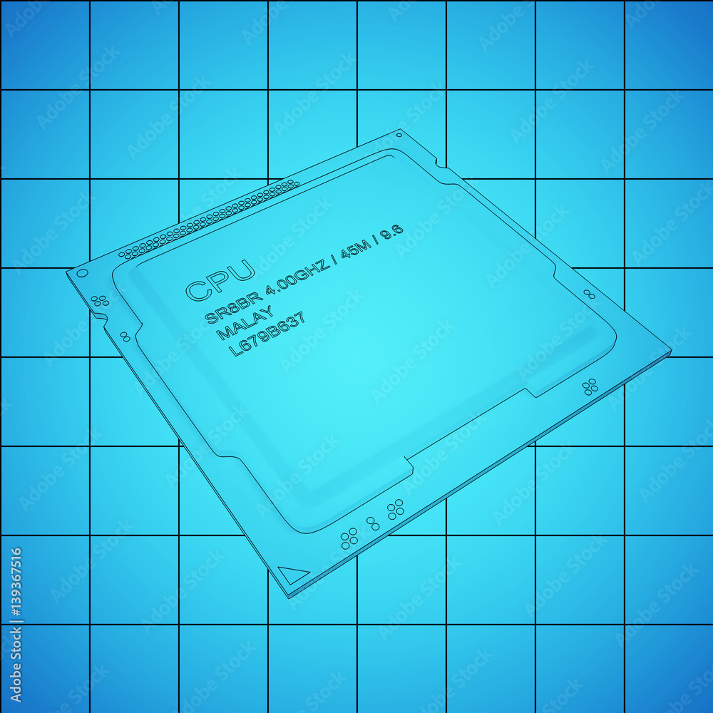 Poster engineer working on blue print, concept processor unit cpu, 3d rendering