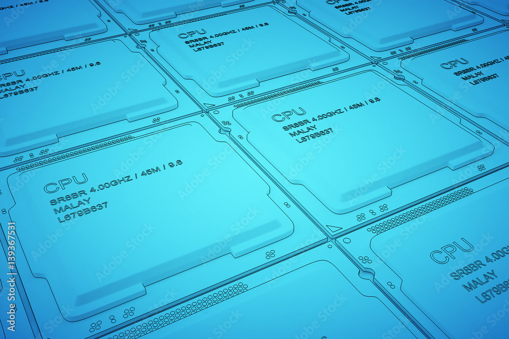 Poster engineer working on blue print, concept processor unit cpu, 3d rendering