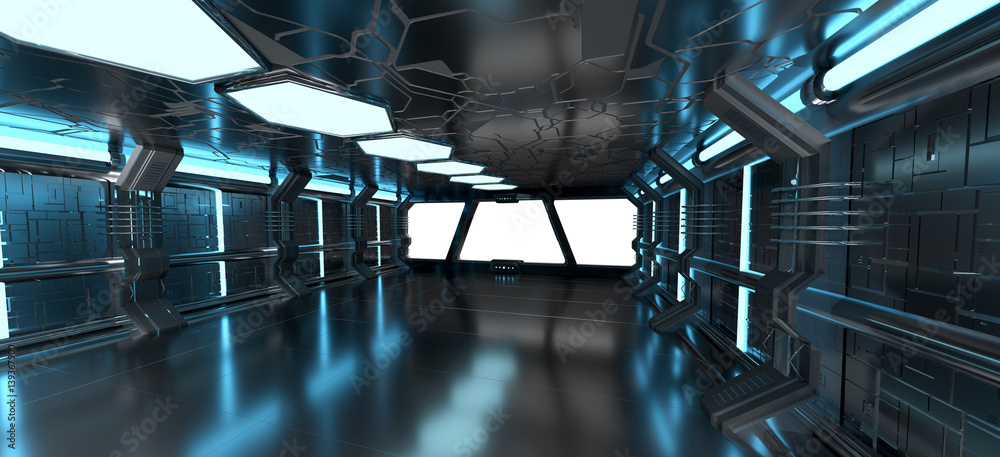 Wall mural spaceship blue interior with empty window 3d rendering elements of this image furnished by nasa