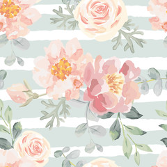 Pale pink roses and peonies with gray leaves on the striped background. Vector seamless pattern. Romantic garden flowers illustration. Faded colors.