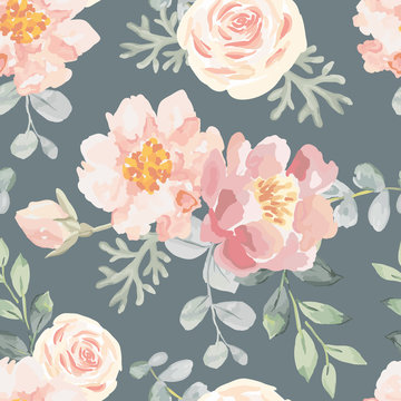 Pale pink roses and peonies with gray leaves on the dark gray background. Vector seamless pattern. Romantic garden flowers illustration. Faded colors.