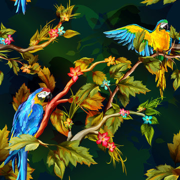 Seamless pattern of parrots on the tropical branches with flowers and leaves. Hand drawn. Vector - stock.