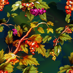 Abstract illustration of berry tree with leaves and different colored berries. Watercolor. Seamless background pattern. Vector - stock.