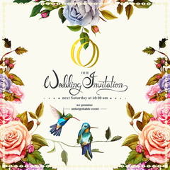 Wedding invitation with roses and peony. This template can be used as other type of invitations and holidays. Vector - stock. © iMacron