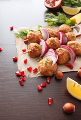Kofta skewers, meatballs and red onion delicious oriental cuisine, top view