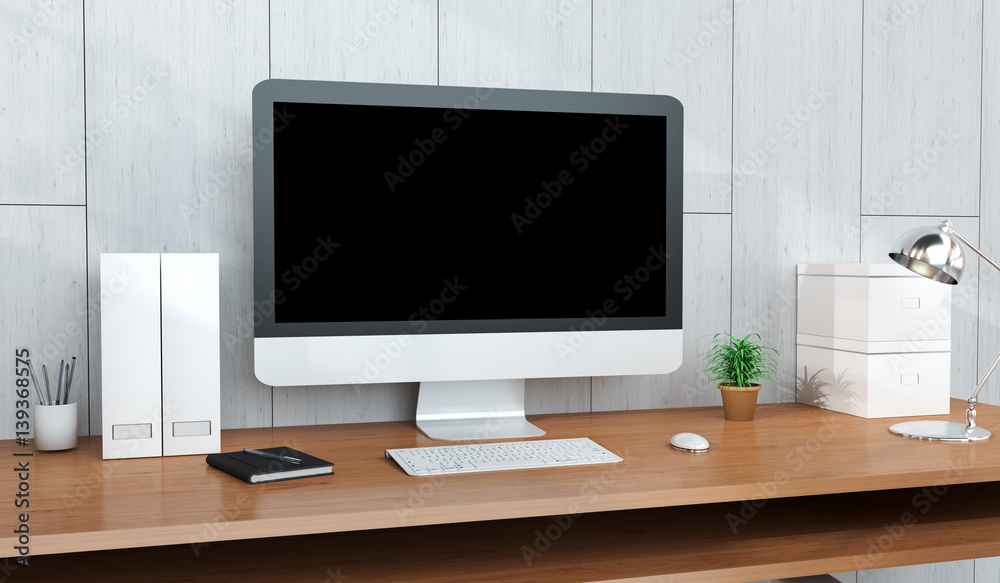 Poster Modern workplace interior with computer and devices 3D rendering