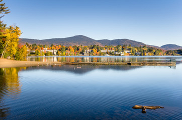 View Lake Palcid, NY, from Mirror Lake on a Clear Fall Morning