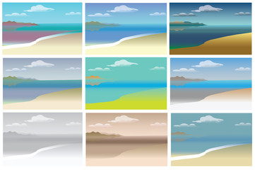 Vector illustration of a flat landscape with the sea, set. Set of backgrounds with the sea. Set of backgrounds beach