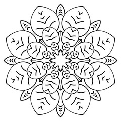 Monochrome Mandala. The template for the album. Symmetrical ornament for color books. Sketch for coloring. Floral motif of leaves.