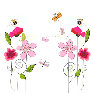 Spring time colorful flowers, bee, butterfly. Floral  background