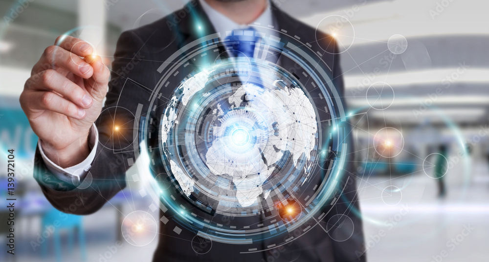 Poster businessman using hologram screen with digital data