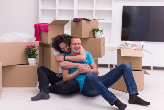 Young  Gay Couple Moving  In New House