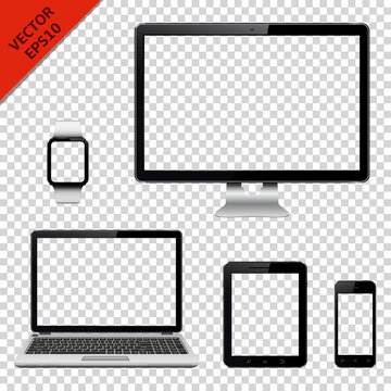 Computer monitor, laptop, tablet pc, mobile phone and smart watch with transparent screen. Isolated on transparent background. Vector illustration.