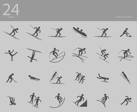 eps10 vector set of 24 winter sport icons. Silhouette sport sign collection. Indoor and outdoor activities, single and team sport included. Graphic illustration clip art for design, mobile, web, print