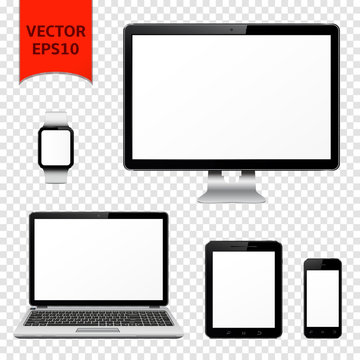 Desktop computer, laptop, tablet pc, mobile phone and smart watch with blank screen. Isolated on transparent background. 