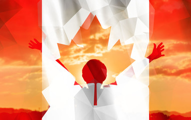 Flag of Canada with a sky background and a young man raising hands. - 139373110