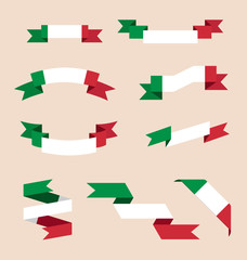 Vector set of skrolled isolated ribbons or banners in colors of Italian flag.