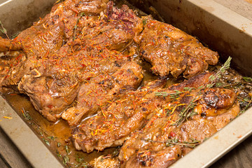 Roasted chopped lamb steak with saffron and spices.