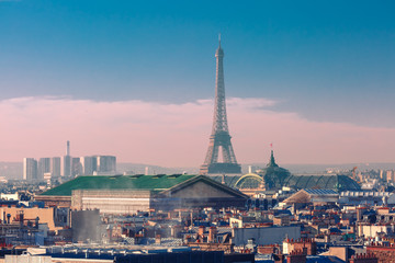 Aerial view of Eiffel tower and the city rooftops of Paris France