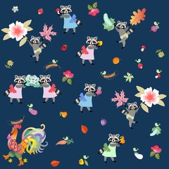 Harvesting. Fairy tale endless pattern with cute cartoon characters. Poultry, raccoons and little birds. Print for fabric. Vector illustration for baby.