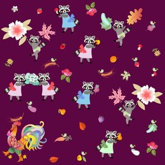 Harvesting. Fairy tale endless pattern with cute cartoon characters. Raccoons, cockerel and little birds. Wallpaper. Vector illustration for baby.