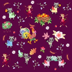 Harvesting. Fairy tale endless pattern with cute cartoon characters. Raccoons, monkeys, rooster and little birds. Greeting card. Vector illustration for baby.