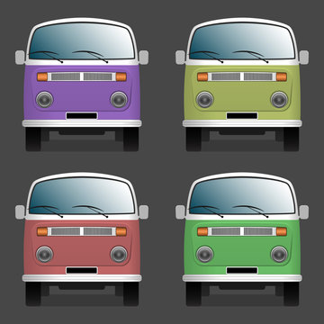 Minibuses. Colorful collection. Front view. Isolated objects. Vector.