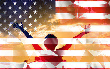 Flag of United States with a sky background and a young man raising hands. - 139375509