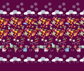Fototapeta na wymiar Seamless pattern with cute cartoon animals, autumn leaves, mushrooms, berries, fruits, vegetables, clouds, rain drops and snowflakes on purple background. Print for fabric. Illustration for baby.
