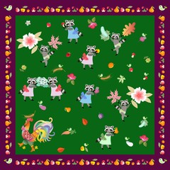 Napkin, handkerchief or pillowcase for baby with cute cartoon characters and unusual frame from fruits. Rooster and funny raccoons on green background. Harvesting.