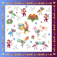 Fotobehang Napkin, handkerchief or pillowcase for baby with cute cartoon characters and unusual frame from fruits. Rooster, monkeys and funny raccoons on white background. Harvesting. © Happy Dragon