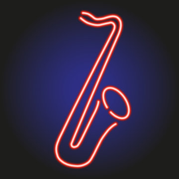 saxophone glowing red neon outline on a dark background vector illustration
