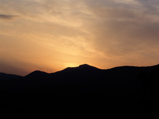 mountain, sunset, red, travel, sun, hill, nature, sky, landscape, dawn, background, wallpaper, yellow, altitude, template, topography, art, dawning, curve, cover, presentation, geography, banner, terr