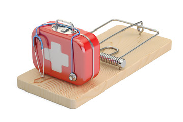 Addiction from medicine and pharmaceutical industry concept. Mousetrap with first aid kit, 3D rendering