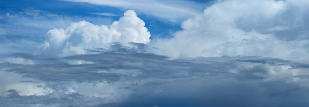 Panoramic photo of blue sky with white cumulus clouds