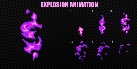 Vector explode. Explode effect animation with smoke. Cartoon explosion frames. Sprite sheet of explosion