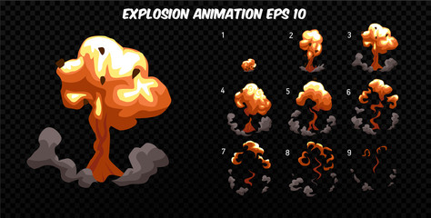Vector explode. Explode effect animation with smoke. Cartoon explosion frames. Sprite sheet of explosion