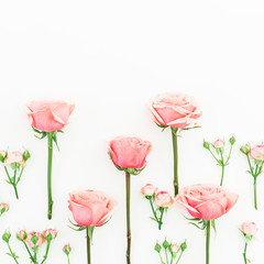 Floral pattern of pink roses isolated on white background. Flat lay, top view. Floral background. 