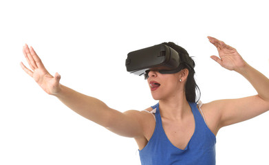 Obraz na płótnie Canvas attractive happy woman excited using 3d goggles watching 360 virtual reality vision enjoying