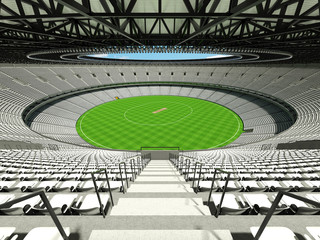 3D render of a round cricket stadium with white seats and VIP boxes