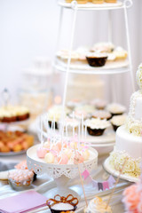 Beautiful desserts, sweets and candy table at wedding reception
