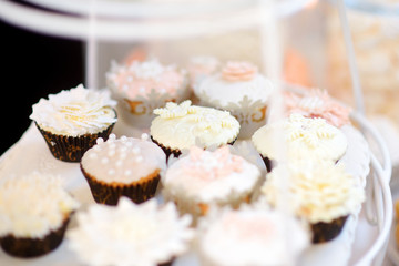 Beautiful desserts, sweets and candy table at wedding reception