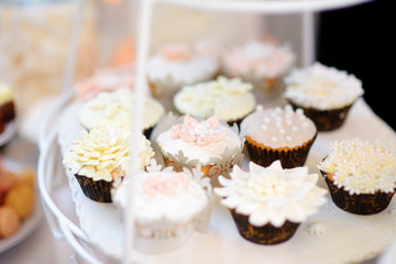 Beautiful desserts, sweets and candy table at wedding reception