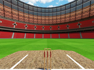 Obraz premium 3D render of a round cricket stadium with red seats and VIP boxes