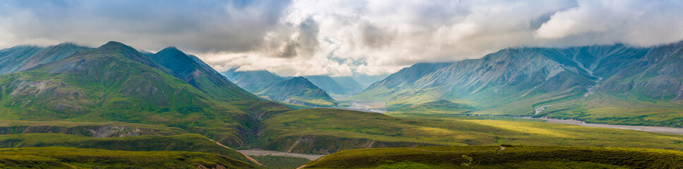 Panoramic landscape of Denali National Park with grass,clouds and sunlight