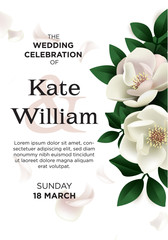 Vector invitation card template with magnolia flower.  Wedding premium invitation to the feast.