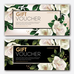 Premium gift certificate for a spa, beauty salon, shops, cosmetics and restaurants. Gift voucher. Discount card. Vector illustration of magnolia flower with leaves - 139384319